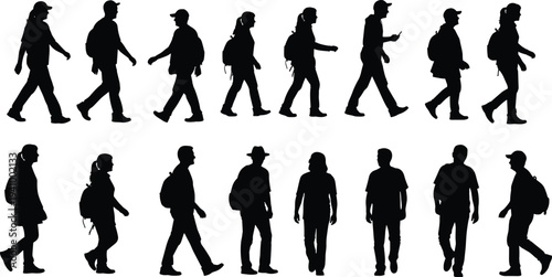 Hiker and traveler silhouettes collection showing backpackers walking and standing poses isolated on white background outdoor adventure illustration