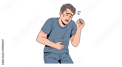 A man clutches his stomach in distress, showing signs of nausea and discomfort with sweat beads indicating a feverish state
