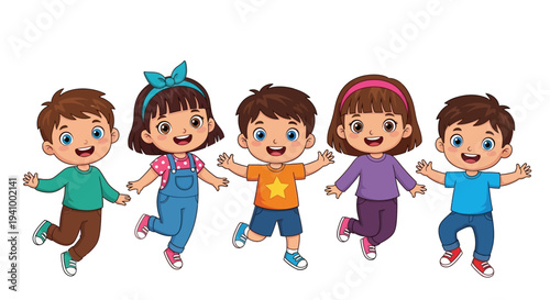 Group of five happy cartoon children with brown hair jumping and waving their arms enthusiastically