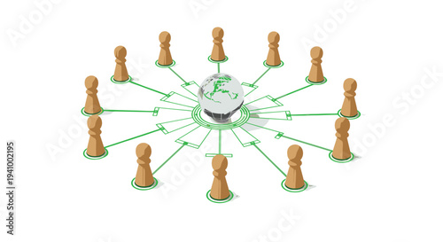 A 3D isometric illustration of wooden pawn pieces arranged in a circle and connected by green lines to a central globe icon.