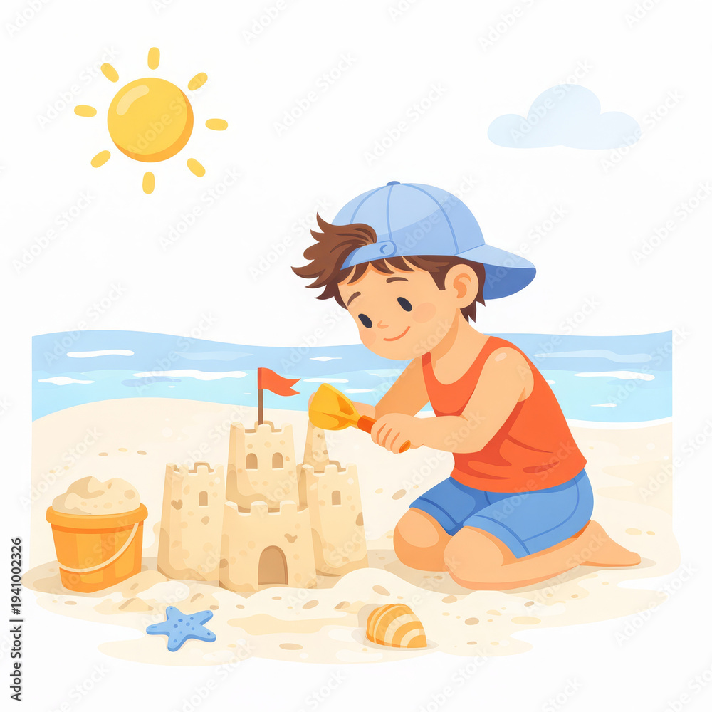 Naklejka premium Happy boy building sandcastle at sunny beach during summer. Young child enjoys ocean vacation under bright sun. Play in sand activity brings joy and creative fun