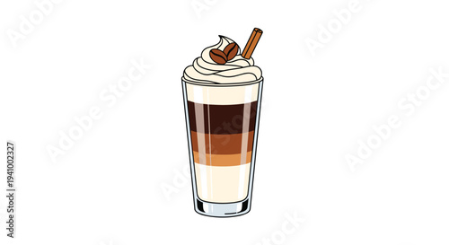 A vertical vector illustration of a tall glass filled with a layered coffee drink topped with whipped cream and a cinnamon stick.