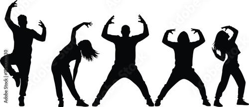 Hip hop dancers silhouettes collection showing energetic street dance freestyle poses isolated on white background urban dance illustration set