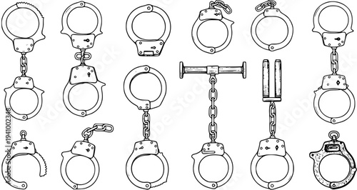 Law Enforcement Handcuffs Vector Line Art Set. Black and White Outline Illustrations of Police, Security, and Justice Shackles for Crime, Arrest, and Detention Concepts in Doodle Style.