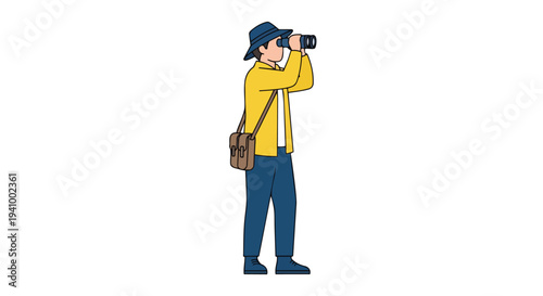 A person in a hat and jacket gazes through binoculars, carrying a satchel, exploring the world from a unique perspective.