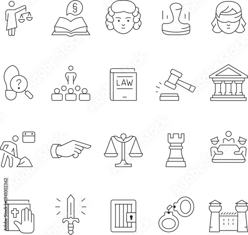 Law and Justice Line Icons Set with Court Judge Gavel Scales Prison and Legal Symbols Vector Illustration
