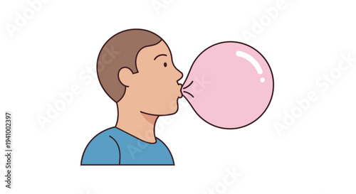 A stylized illustration of a person inflating a large pink bubble gum bubble