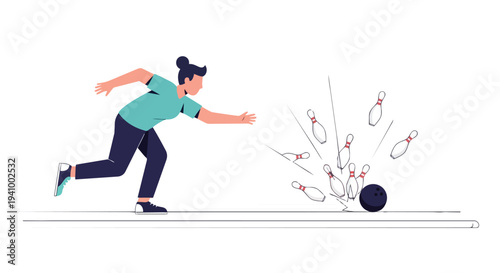 Dynamic illustration capturing the precise moment of a bowling strike with pins scattering in a flurry of motion