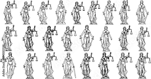 Collection of Lady Justice Statues, Symbol of Law, Justice, and Fairness, Black and White Illustrations