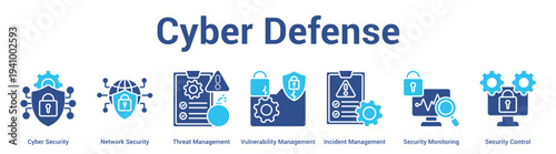 Cyber Defense web banner icon set vector illustration concept for business with icon of Cyber Security, Network Security, Threat Management, Vulnerability Management, Incident Management, Secur.