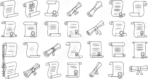 Vector outline illustrations of various diplomas, certificates, and ancient scrolls. A collection of line art icons for education, achievement, success, and official documents.