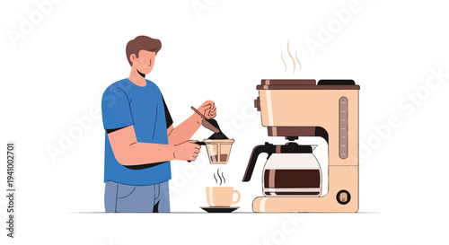 A person is preparing hot coffee with a drip coffee maker, a steaming cup sits ready for a morning beverage
