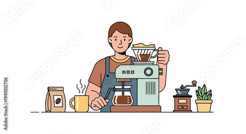 Artistic depiction of a barista skillfully preparing a pour-over coffee with specialized brewing equipment and fresh beans