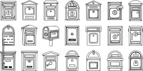 Collection of Diverse Mailbox Designs in Black and White Outline Style