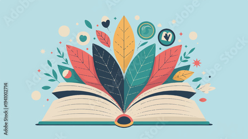 Vibrant open book with colorful leaves and symbols on light blue background representing knowledge and growth in education