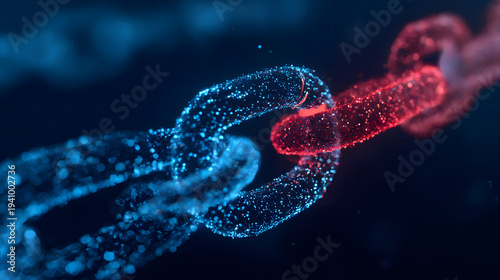 Illuminated Blockchain:  An artistic representation of a blockchain, a digital chain link glowing in blue and red hues, symbolizing interconnectedness and security.