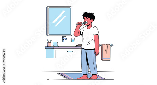 Young boy diligently brushing his teeth in a minimalist bathroom, reflecting morning hygiene routines and personal care in a clean domestic setting.
