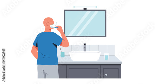 Bald man meticulously brushes his teeth in the bathroom before a large mirror with a sink below