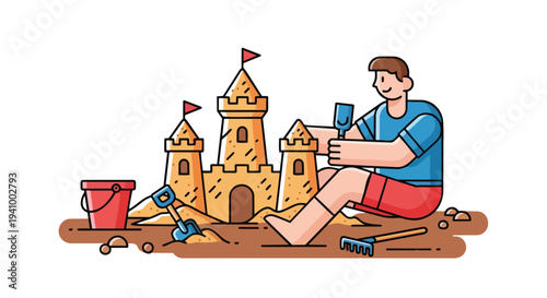 A playful character meticulously crafts an impressive sandcastle on a sunny beach, surrounded by tools and accessories for construction