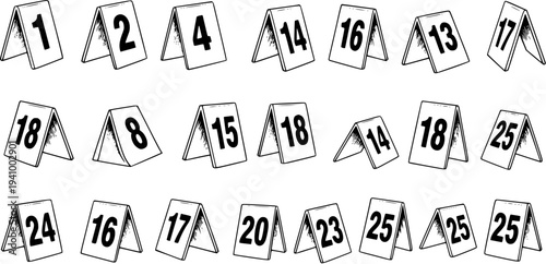 Black and White Line Art Illustration of Crime Scene Number Tents, Evidence Markers, Forensic Investigation, Law Enforcement