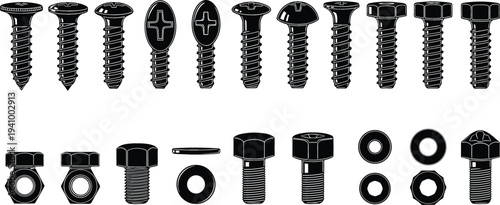 Collection of bolts, screws, nuts and washers silhouettes isolated on white background, industrial hardware fasteners set for construction, repair, engineering and mechanical design
