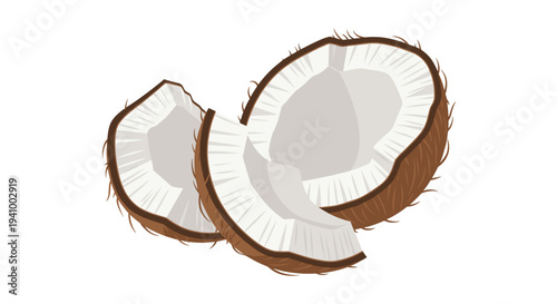 Three slices of fresh coconut with brown fibrous husks and white inner flesh are positioned against a white background.