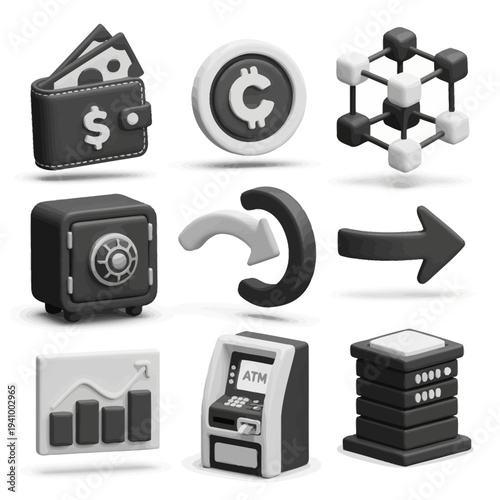 3D Rendered Financial and Business Icons Collection.