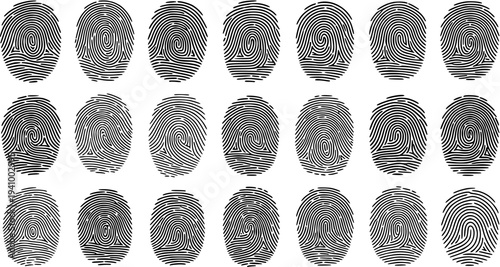 Biometric Technology Fingerprints - Set of Black  White Line Art Icons for Security, Identification, and Forensic Concepts