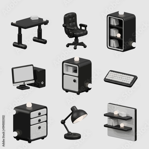 Collection of 3D rendered office furniture and accessories in a minimalist style.