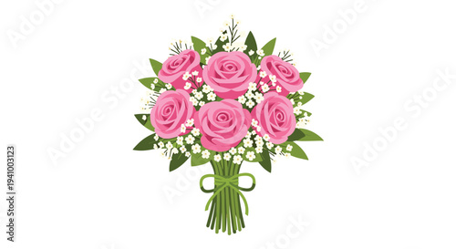 A vertical cluster of six pink roses and white baby breath flowers tied together with a green ribbon bow.
