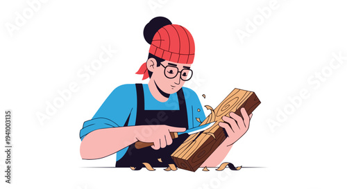 Creative artisan meticulously shaping wood with a carving knife, demonstrating craftsmanship and dedication to their craft