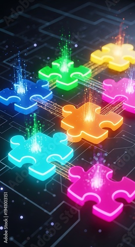 Illuminated, multicolored puzzle pieces connect across a dark digital circuit board surface