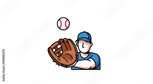 Animated depiction of a baseball player with a glove poised to catch a ball mid-air