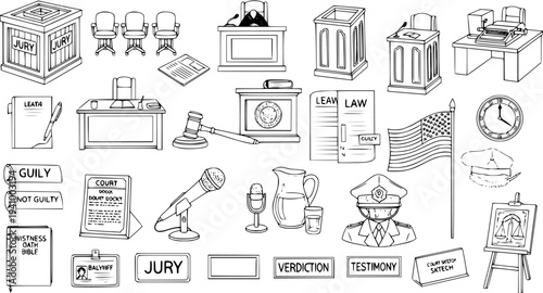 Black and white line art collection of courtroom and legal system elements, including judge, jury, witness, law documents, and justice symbols.