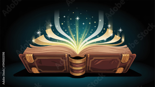 Ancient mystical book with glowing pages and magic sparks on dark background with stars