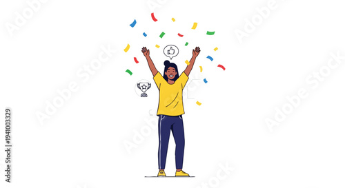 A joyful individual celebrates a triumph with vibrant confetti showering down, embodying success and recognition