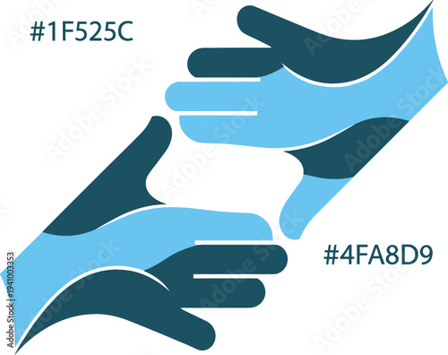 Abstract helping hands teamwork concept with blue color palette, cooperation support symbol, partnership unity assistance vector illustration isolated on white background
