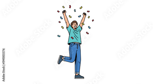 Exuberant individual celebrating achievement amidst a flurry of colorful confetti