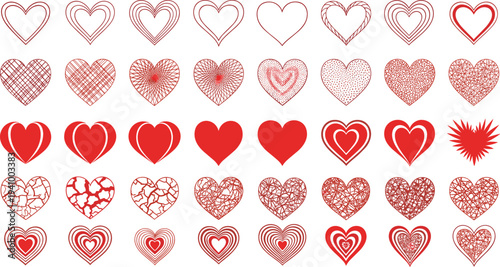 Collection of red heart shapes with various patterns and styles, love symbols set for Valentine’s Day, romantic decoration and greeting card design