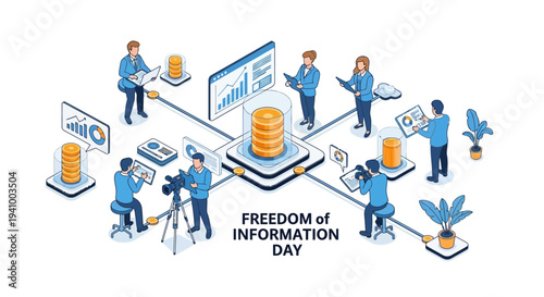 Illustration of people engaging in various activities on Freedom of Information Day with a central stack of documents and digital devices around them.