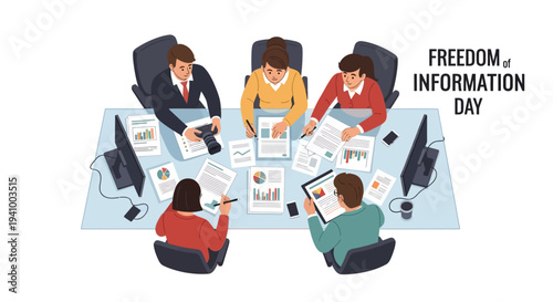 Illustration of a group of business professionals sitting around a table with computers and papers on Freedom of Information Day, discussing and accessing public data with a focus on