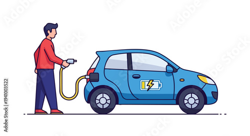Modern man charges an electric vehicle symbolizing green energy transition and sustainable transportation solutions for the future