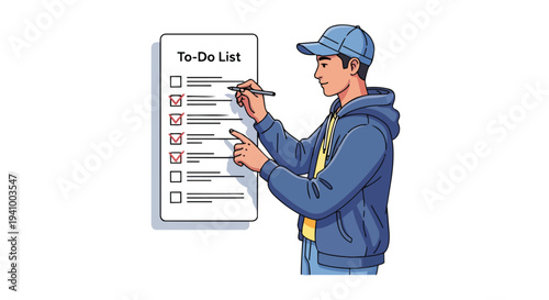 Young man checking off tasks on a to-do list with a pen, illustrating productivity and goal achievement