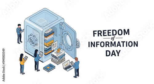 Isometric illustration of people accessing information from a large safe on Freedom of Information Day with a design concept.