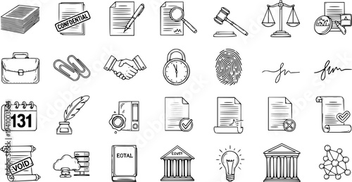 Black and White Hand Drawn Line Art Legal and Business Icons Set. Collection of Sketchy Symbols for Law, Document Management, Finance, Administration, and Office Concepts.