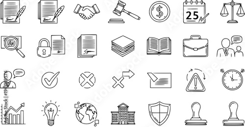 Black and white line art icons representing legal and business concepts, including documents, justice, finance, and contracts.