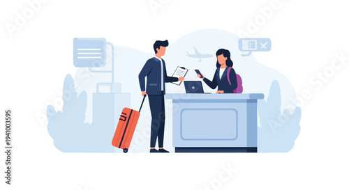 Airport check-in counter scene with a traveler and an agent processing travel documents and luggage.