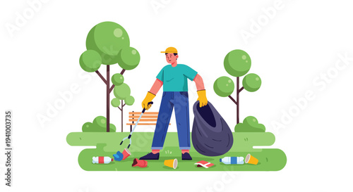Dedicated park volunteer diligently collecting litter with a grabber and trash bag amidst lush greenery and trees creating a pristine outdoor