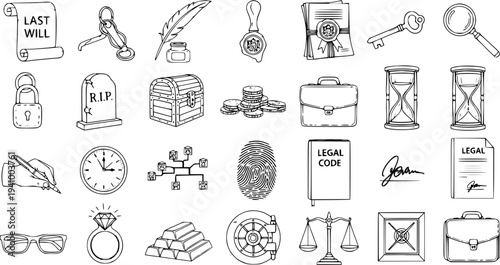Legal, Finance, and Estate Planning Icons Set - Hand-Drawn Black and White Line Art Collection with Business, Law, Justice, Inheritance, and Security Symbols and Elements.