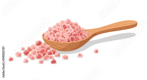 A light brown wooden spoon overflowing with small pink Himalayan salt crystals with many pieces scattered on the surface against a white background.